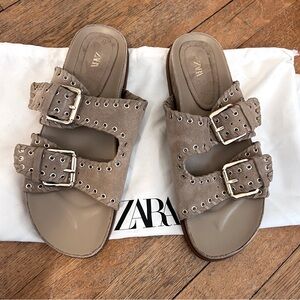 Zara Grommet Buckled Suede Sandals Sandy Brown